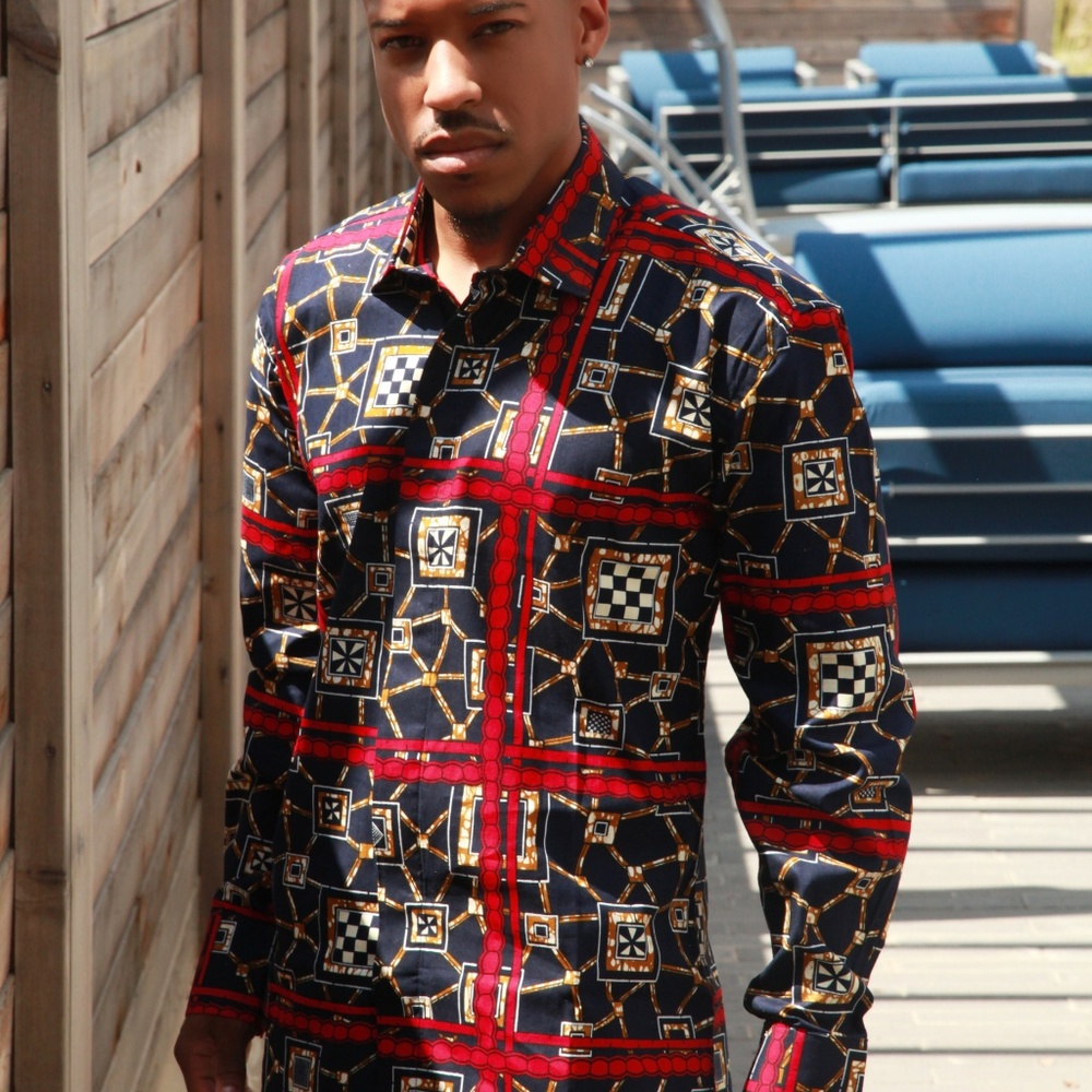 Men’s Long Sleeve Casual Shirt, African Print XL